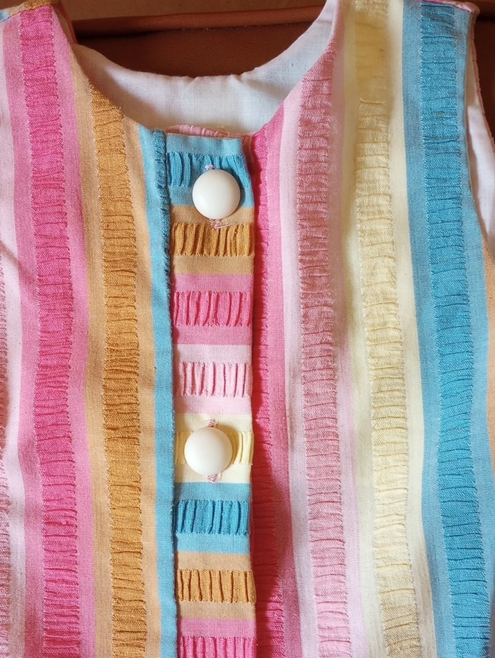 Buster Brown Colorful Vintage Seersucker Striped Dress. Pink Yellow Blue Brown